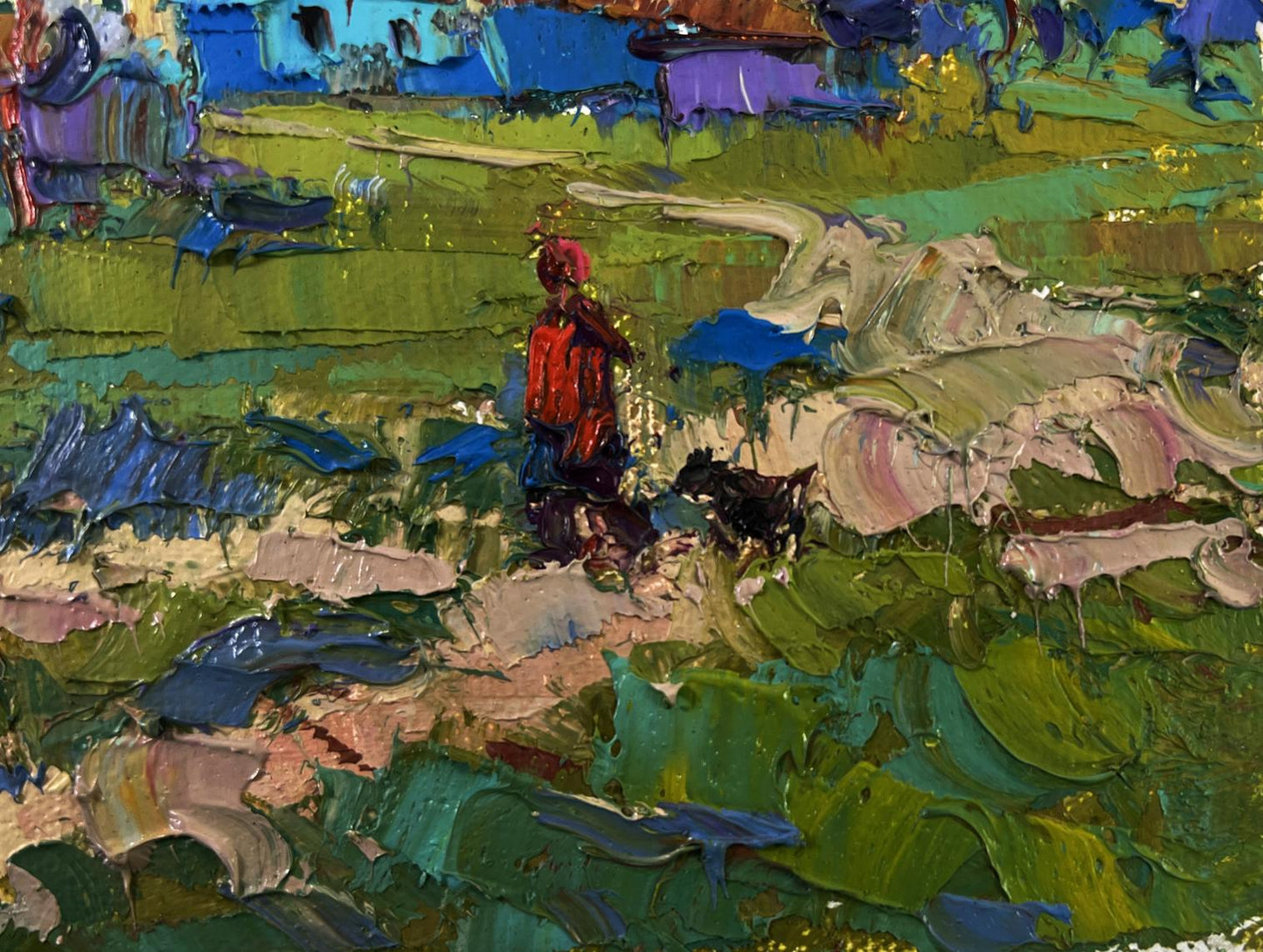 Oil painting Beyond the Village by Oksana Ivanyuk: figure in red and blue fields