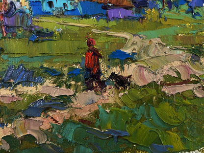 Oil painting Beyond the Village by Oksana Ivanyuk: figure in red and blue fields