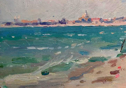 Oil painting of sea shores by Yury Konovalov: turquoise waves, sandy shores