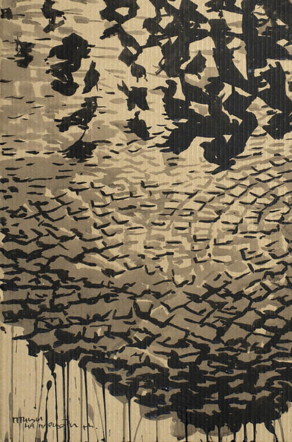 Abstract ink painting of birds on Dam Square by Dima Filatov