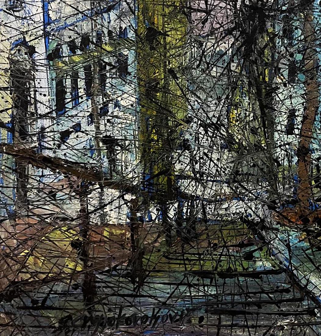 Oil painting Descending from the stairs by Serhiy Kovalev with bold black yellow blue strokes