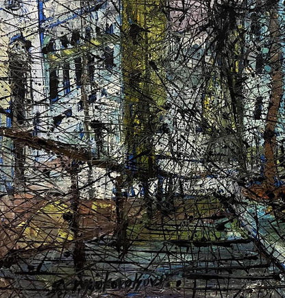 Oil painting Descending from the stairs by Serhiy Kovalev with bold black yellow blue strokes