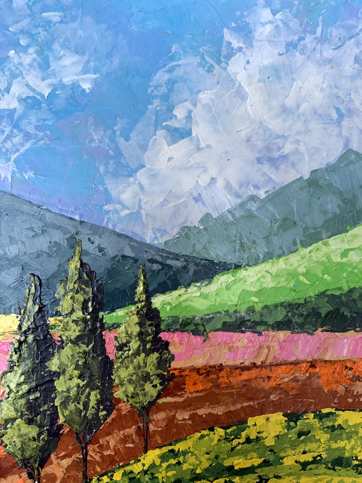 Vibrant impressionist Oil painting Mountain Glade V. Zadorozhnya with green hills
