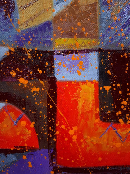 Oil painting Fish Promenade by Sergiy Voichenko with bold geometric blocks
