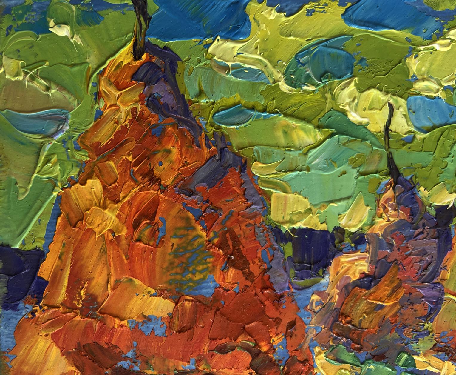 Vibrant orange yellow haystacks mountain by Oleksiy Ivanyuk oil painting