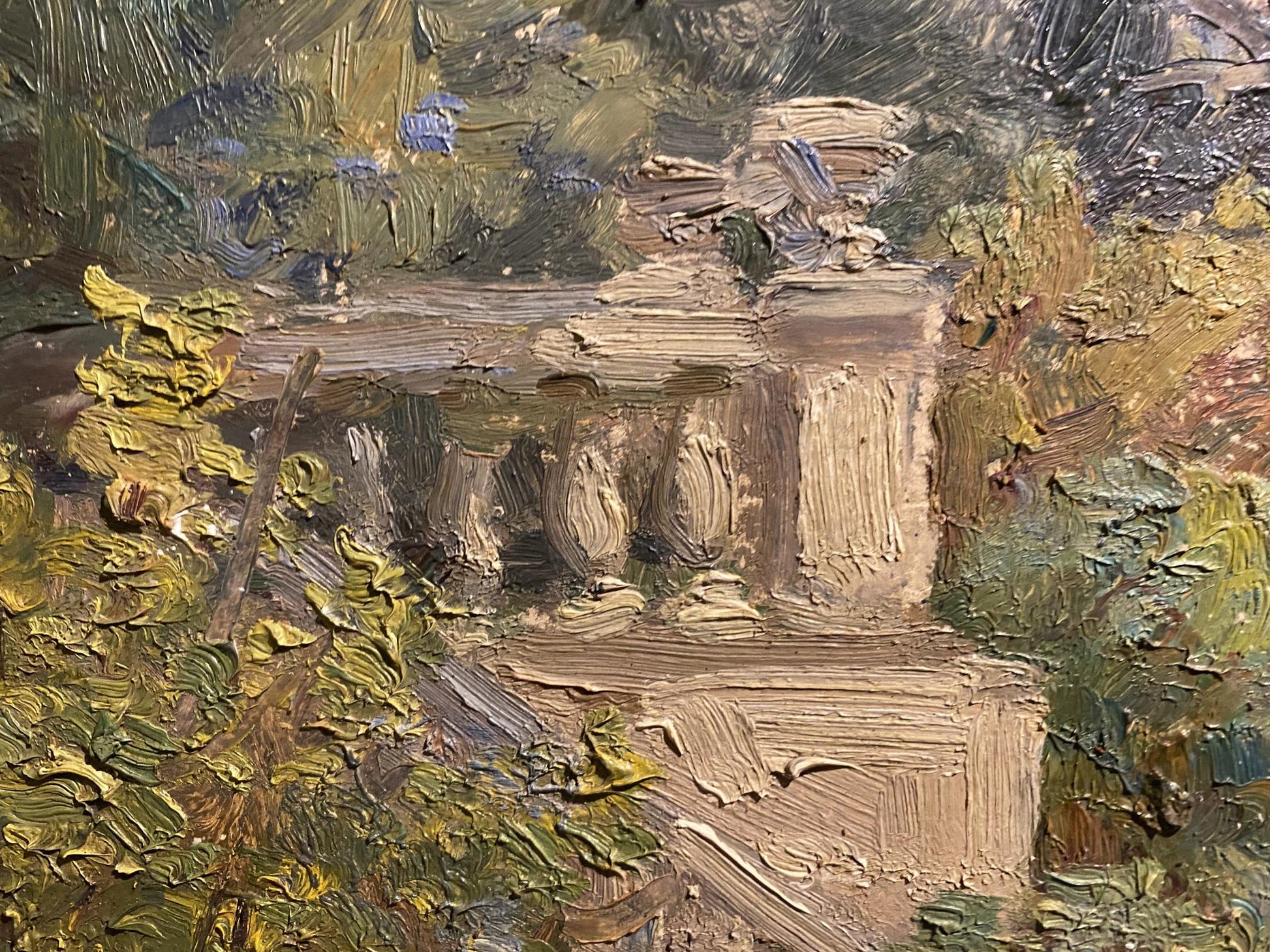 Impasto oil painting of Metropolitan Forest Reserve stone structure in lush greenery