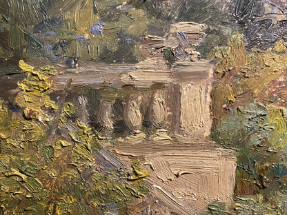 Impasto oil painting of Metropolitan Forest Reserve stone structure in lush greenery