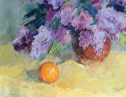 Oil painting Lilac and tangerine by Boris Serdyuk vibrant hydrangea bouquet