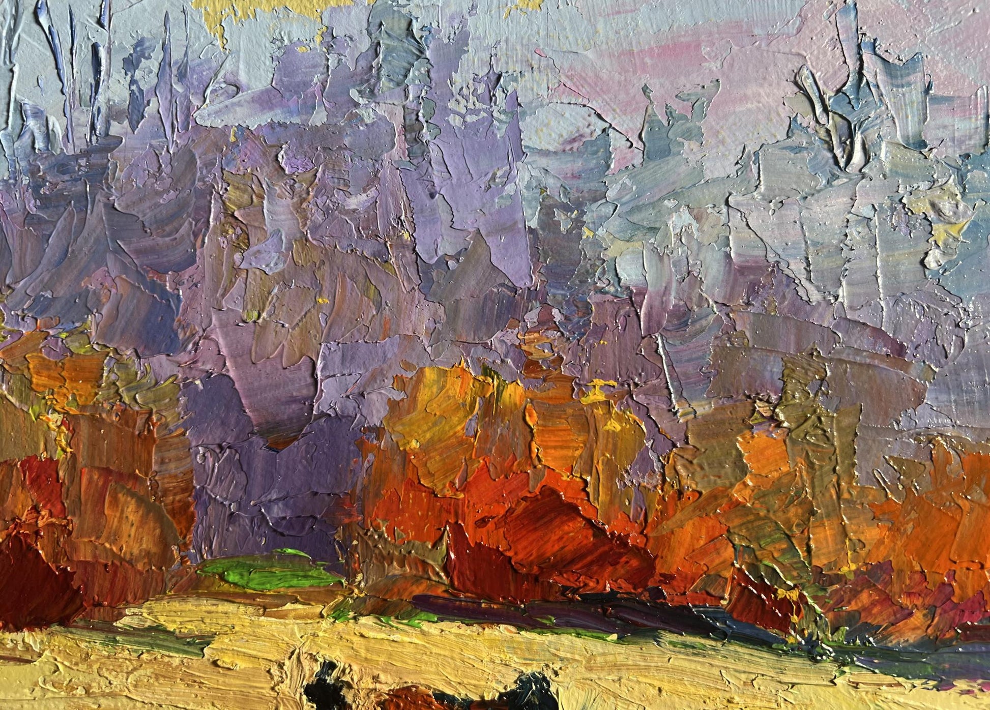 Oil painting Relaxing on a boat by Boris Serdyuk with impasto purples oranges yellows