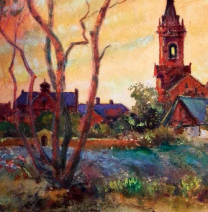 Vibrant impressionist oil painting of old village church by Vitaly Duhnevich