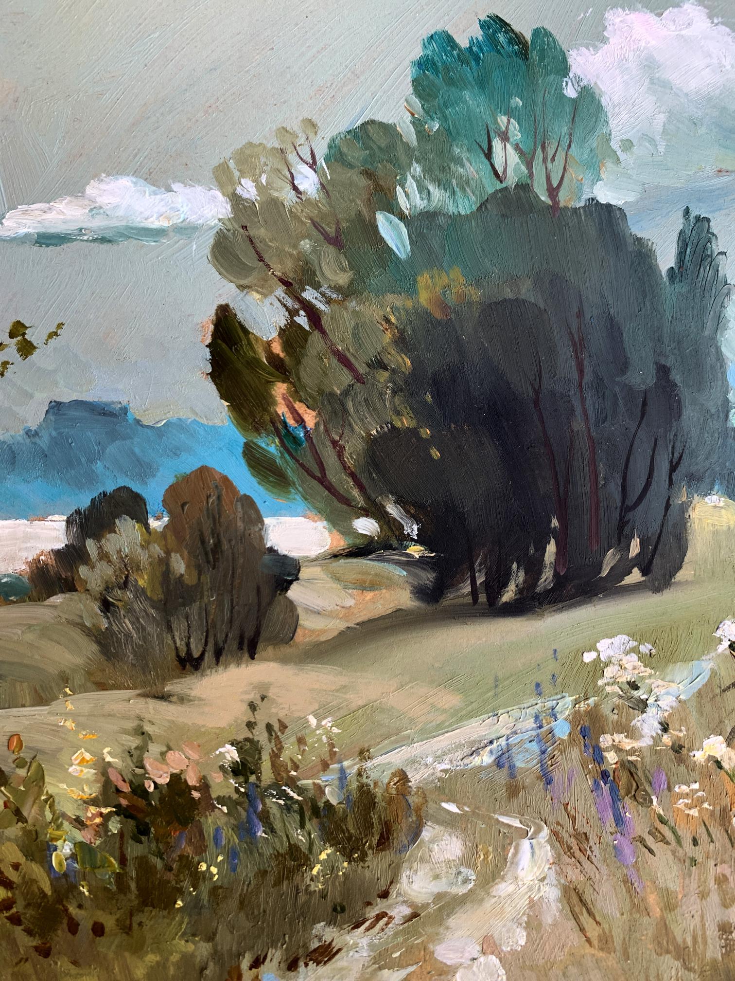 Oil painting Flower field by Yuriy Suprunchuk: lush trees, path, wildflowers