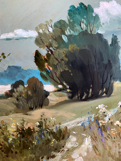 Oil painting Flower field by Yuriy Suprunchuk: lush trees, path, wildflowers