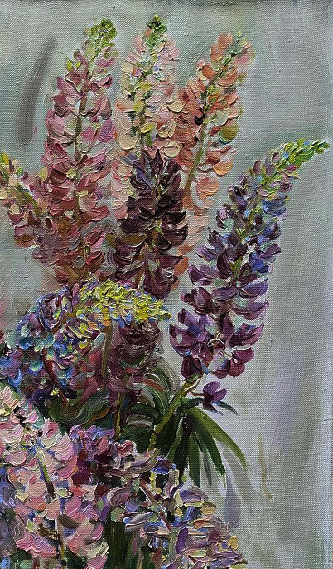 Oil painting of vibrant pink purple blue lupines and hydrangeas by Leonid Pavlenko on light background