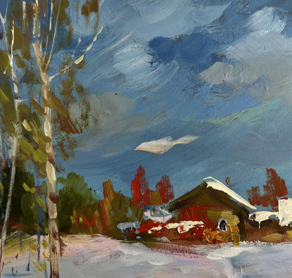 Oil painting of winter path to rustic snow-dusted cabin by Yuriy Suprunchuk