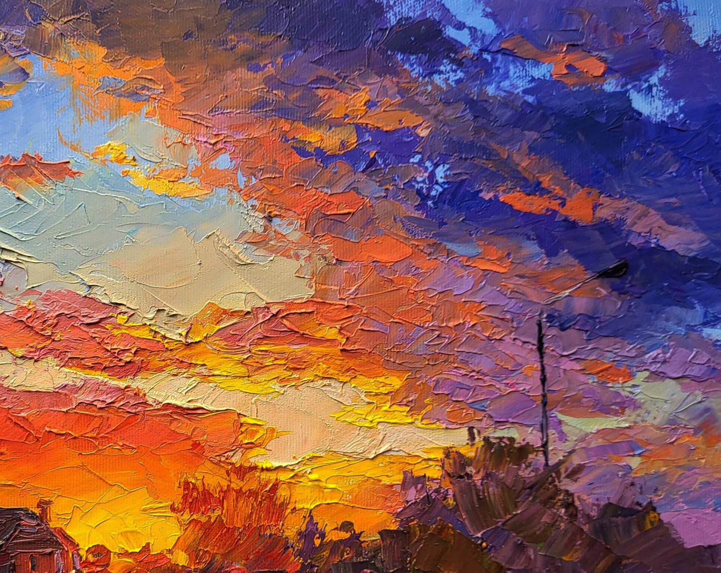 Vibrant impressionist oil painting of multicolored sunset clouds by Boris Serdyuk