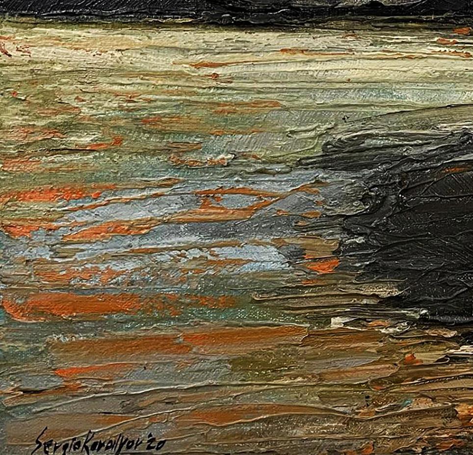 Abstract oil painting On the Other Side by Serhiy Kovalev, earthy greens and ochres