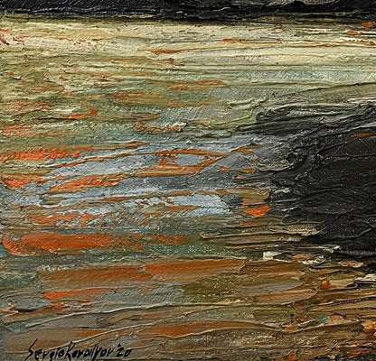 Abstract oil painting On the Other Side by Serhiy Kovalev, earthy greens and ochres