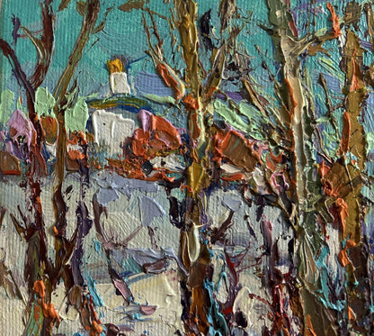 Sunny winter day oil painting by Oksana Ivanyuk with teal impasto trees