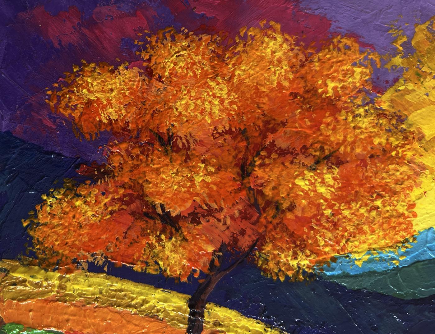 Vibrant oil painting of fiery autumn tree by V. Zadorozhnya, Romantic memories of the evening