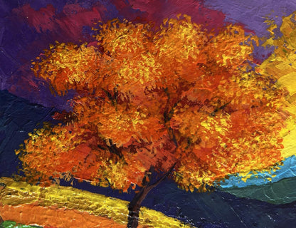 Vibrant oil painting of fiery autumn tree by V. Zadorozhnya, Romantic memories of the evening