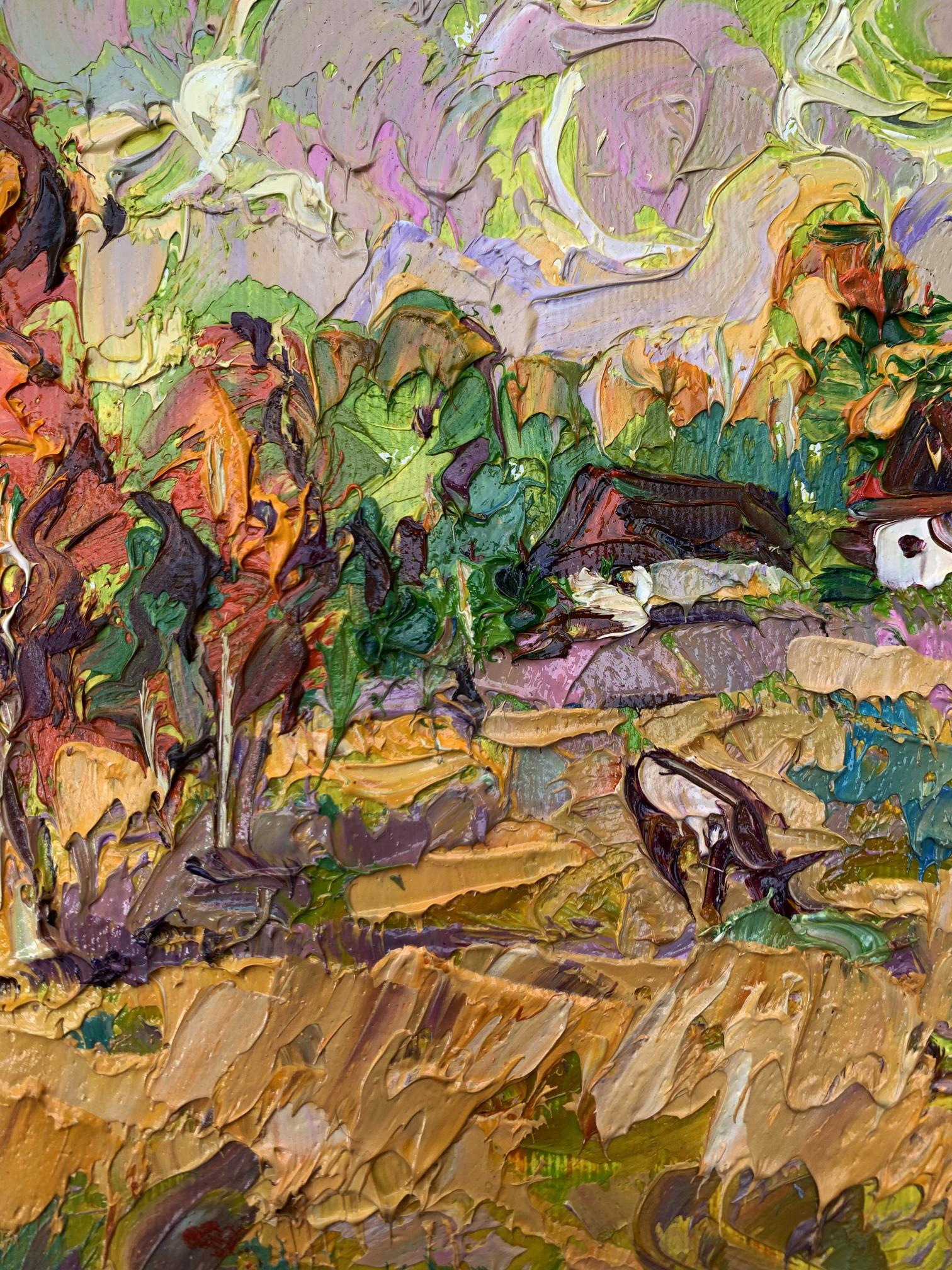 Oil painting of grazing cows by Ivanyuk Oleksiy in green purple tones