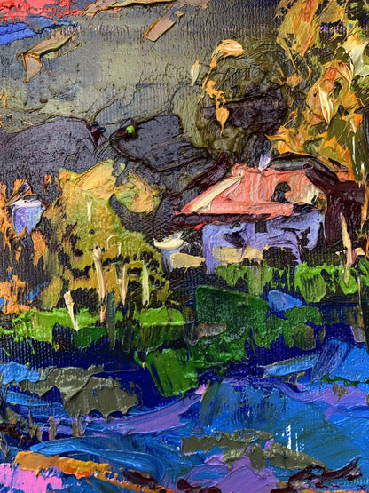 Oil painting Night has come by Ivanyuk Oleksiy: rustic house with red roof amid greenery and blue water