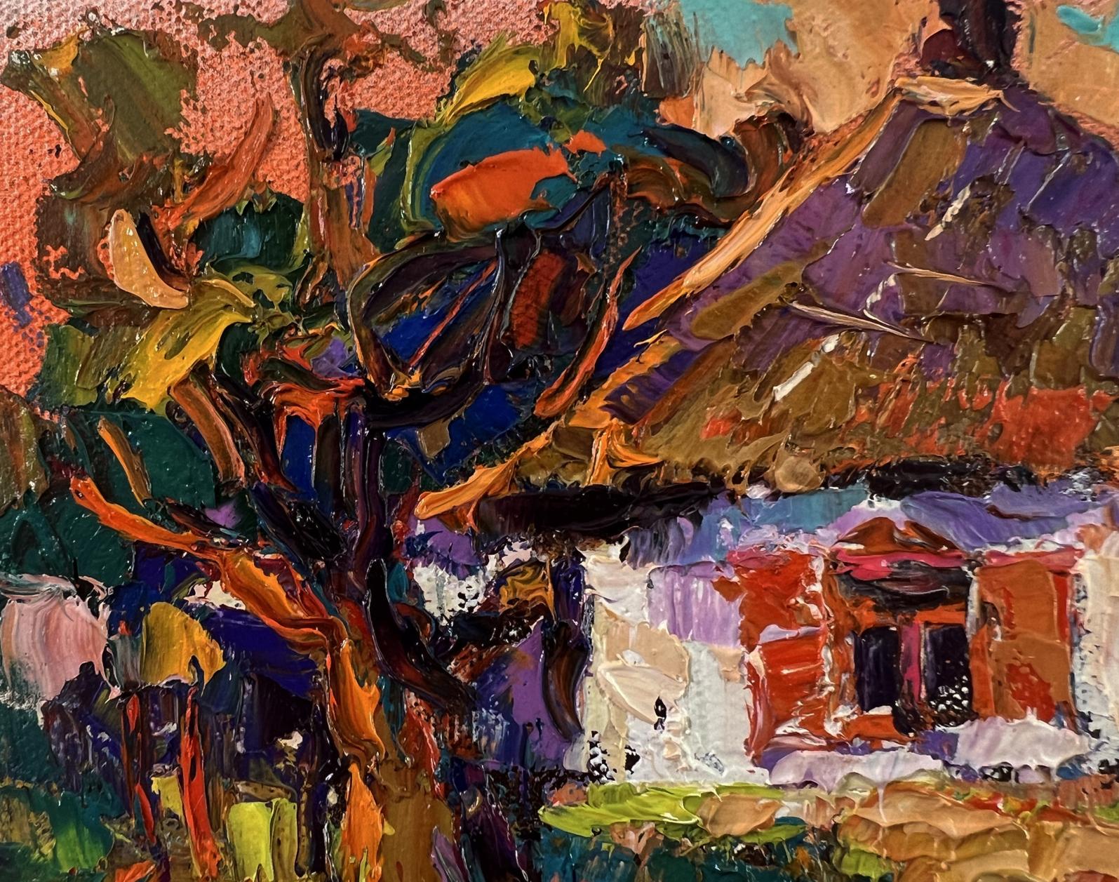 Vibrant impressionist oil painting Evening in the Yard by Oksana Ivanyuk