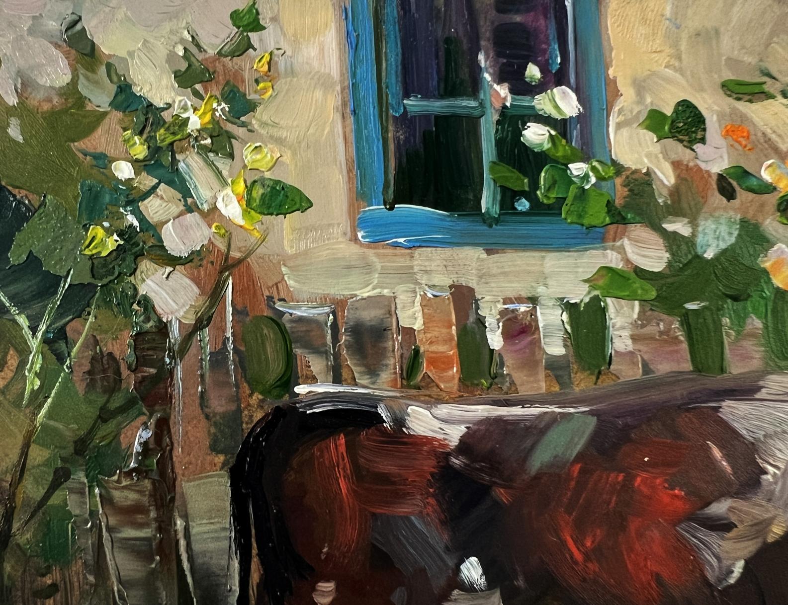 Oil painting by Yuriy Suprunchuk: vibrant impressionist window with flowers