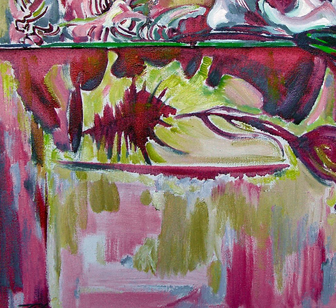 Oil painting Still life with sink by Leonid Pavlenko vibrant abstract pink green red textured canvas