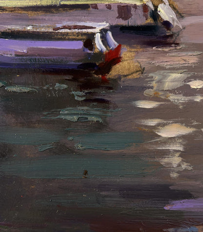 Oil painting of city sailboats by Yuriy Suprunchuk in purple and green tones