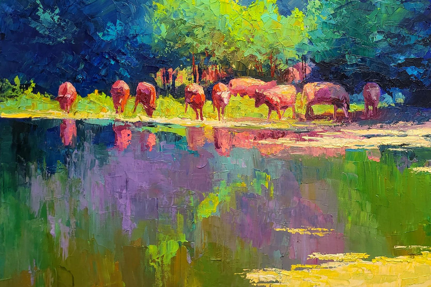 Oil painting by Boris Serdyuk: reddish-brown cattle grazing by waterway