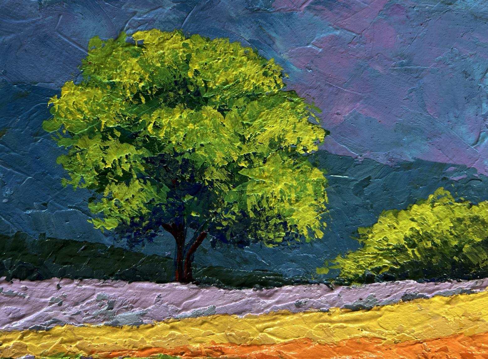 Vibrant oil painting of lush green tree in forest by V. Zadorozhnya