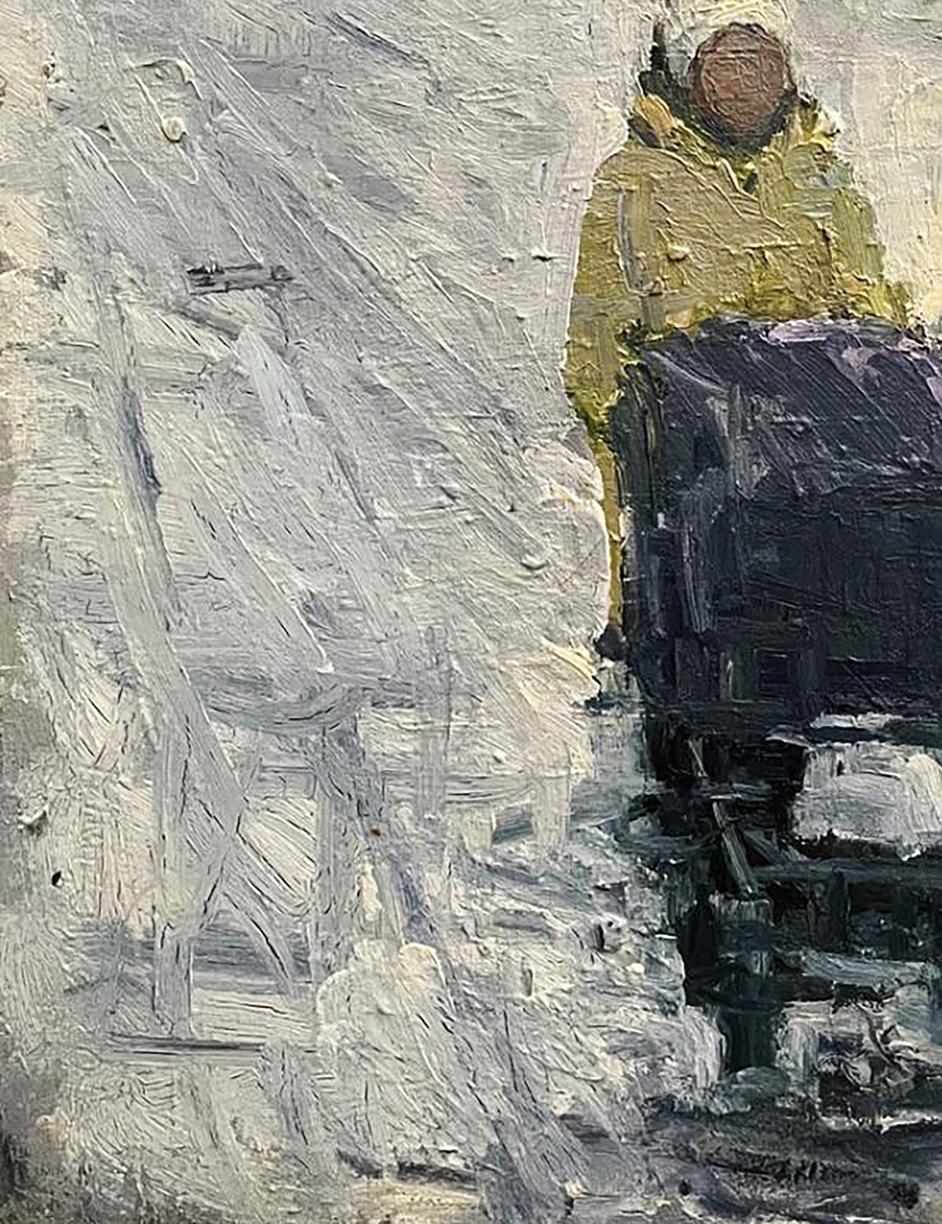 Oil painting Quiet conversation by Volodymyr Pashchenko snowy scene