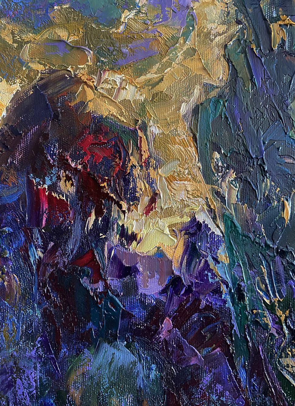 Oil painting Sunset over the forest by Oleksiy Ivanyuk with impasto purples, golds, blues