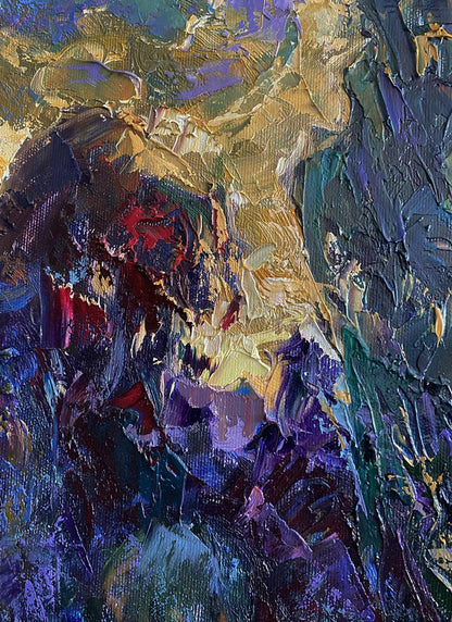 Oil painting Sunset over the forest by Oleksiy Ivanyuk with impasto purples, golds, blues