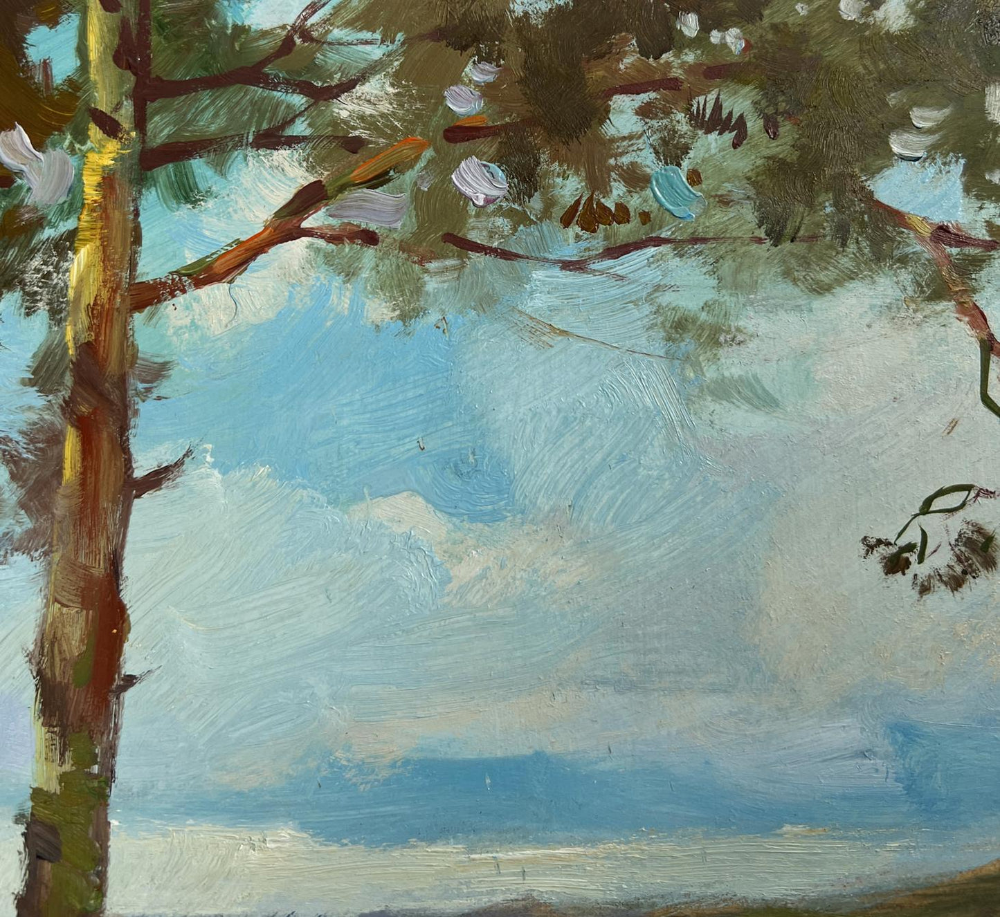 Textured oil painting of pine tree by river in forest by Yuriy Suprunchuk