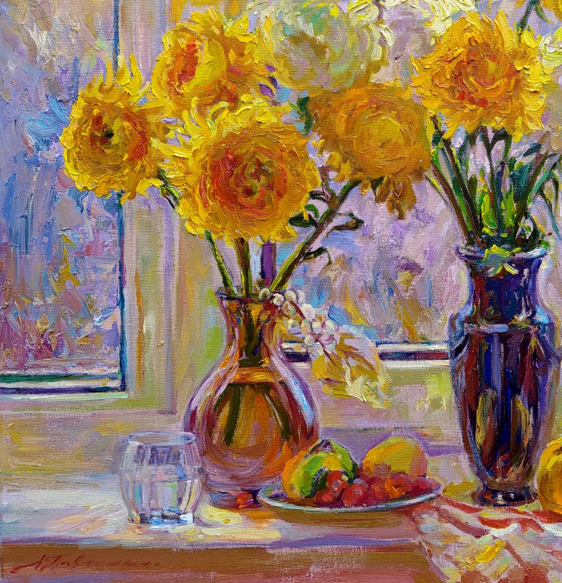 Oil painting Sunny autumn Leonid Pavlenko: vibrant yellow orange peonies in amber vase