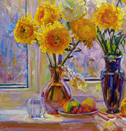 Oil painting Sunny autumn Leonid Pavlenko: vibrant yellow orange peonies in amber vase