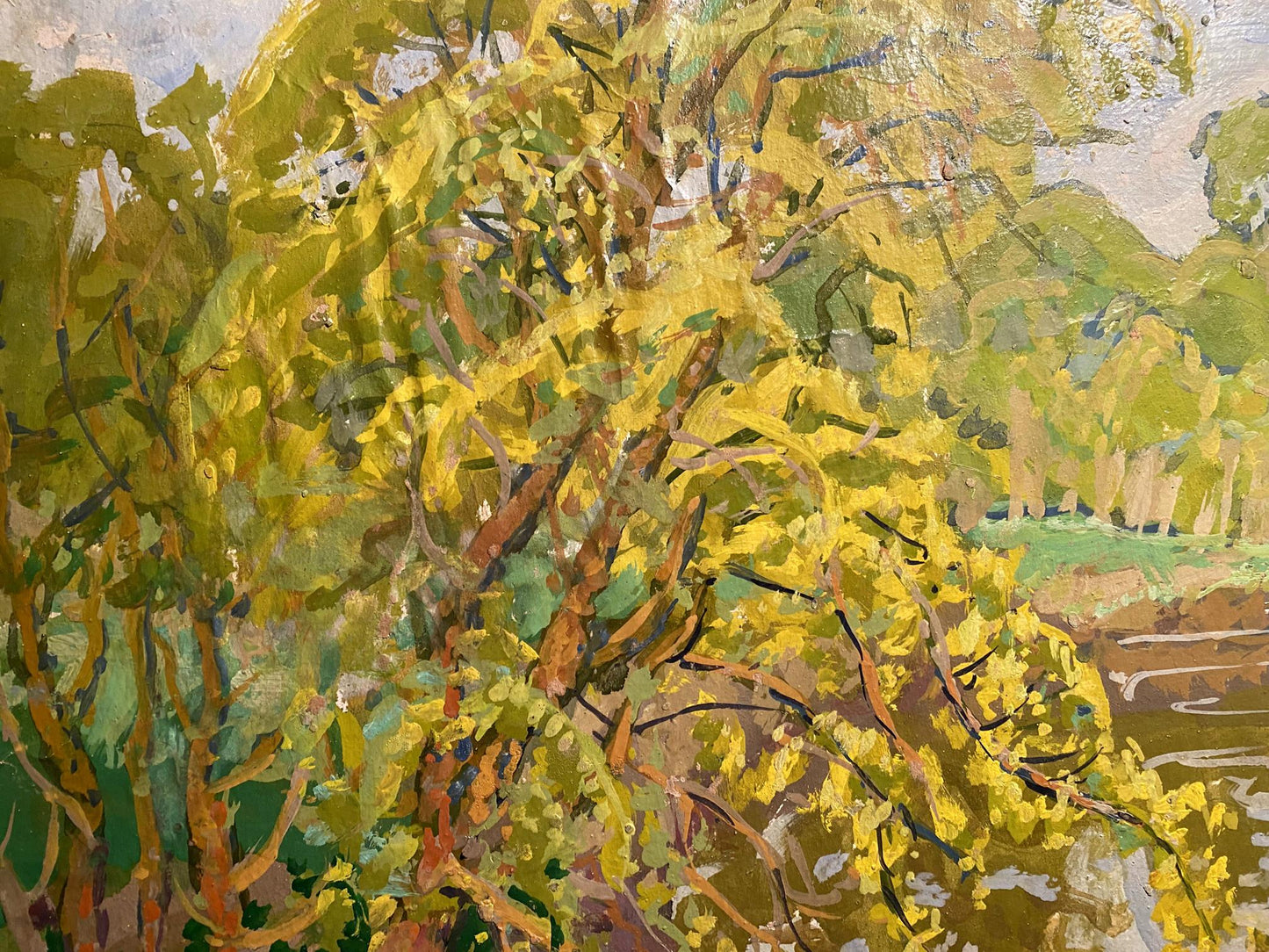 Vibrant impressionist oil painting of tree above river by Georgy Kolosovsky