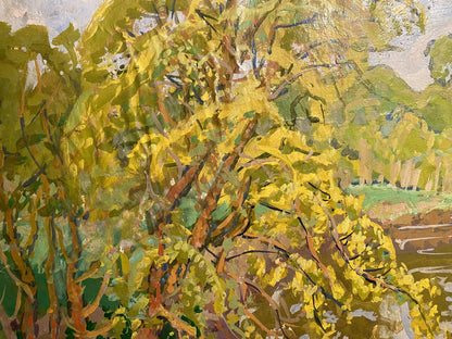 Vibrant impressionist oil painting of tree above river by Georgy Kolosovsky