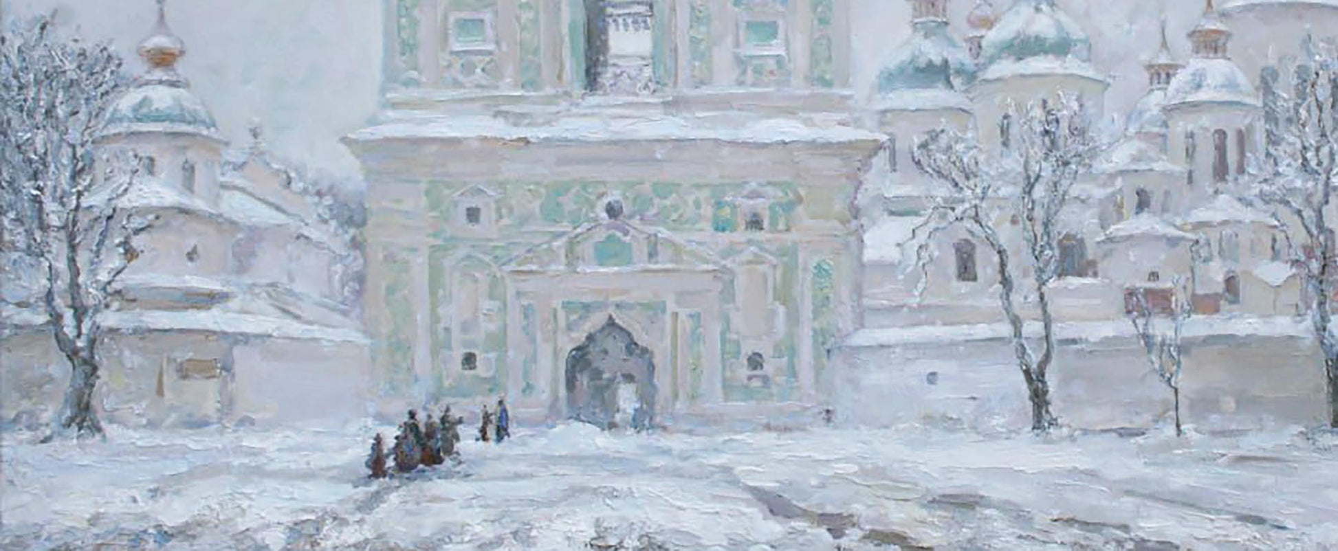 Oil painting of snow-covered ornate church with golden domes by Leonid Pavlenko