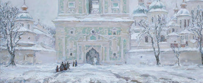 Oil painting of snow-covered ornate church with golden domes by Leonid Pavlenko