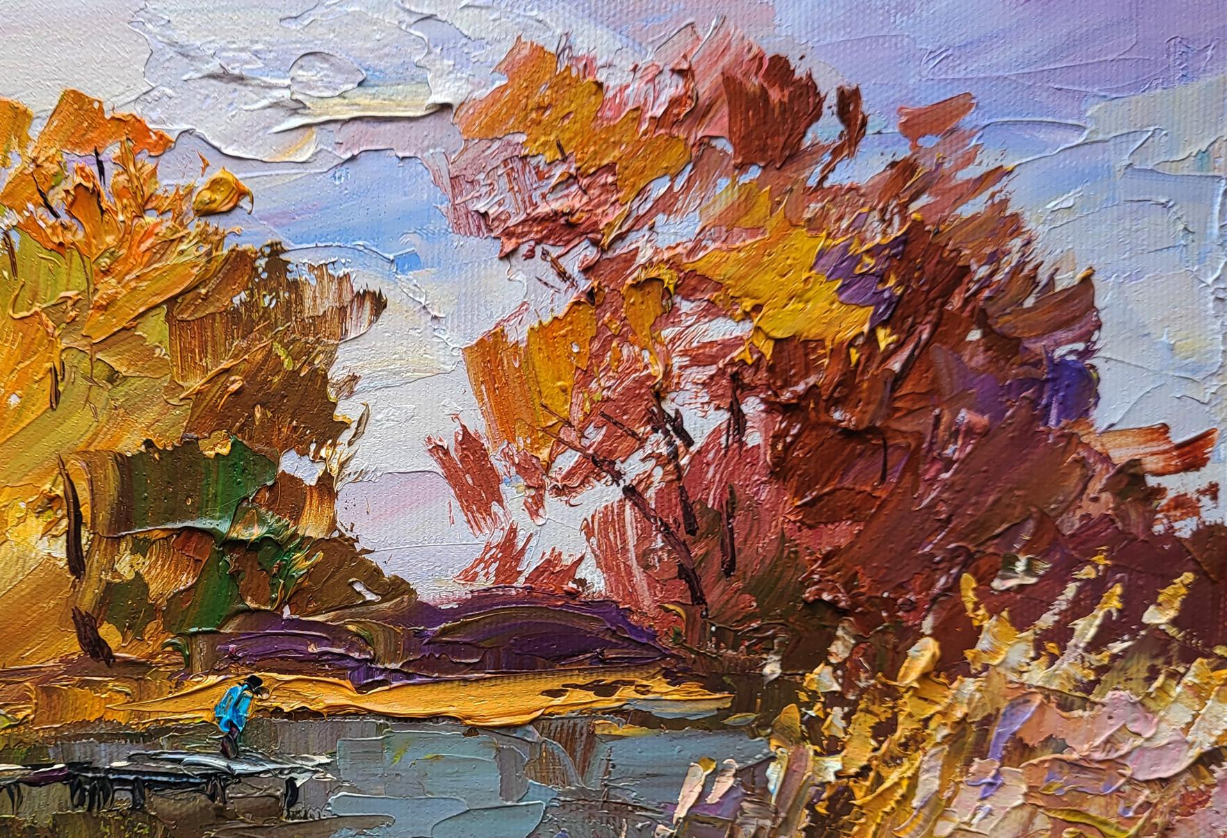 Oil painting On the Autumn River by Boris Serdyuk: vibrant fiery trees