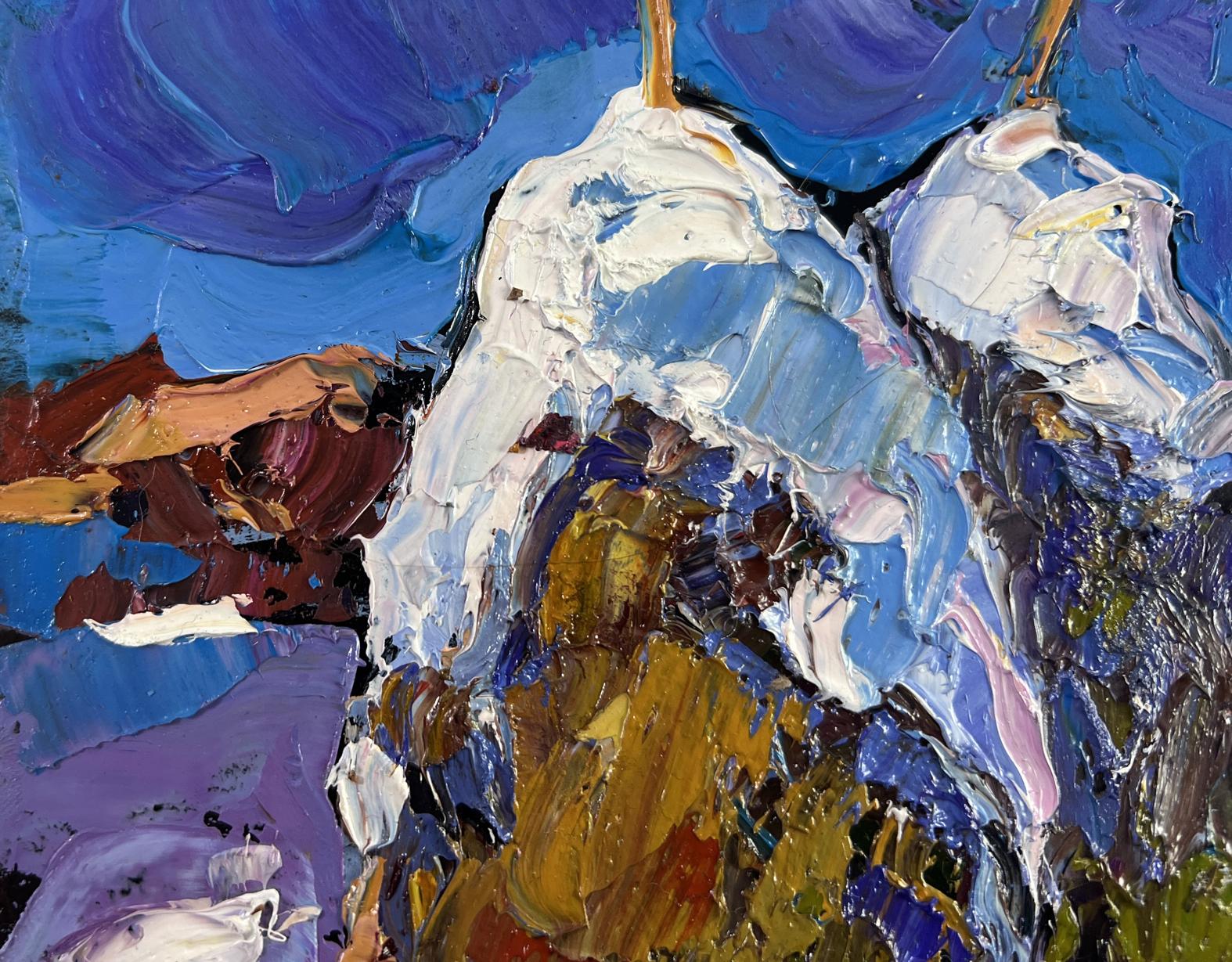 Vibrant impressionist oil painting of pears in snow by Oksana Ivanyuk