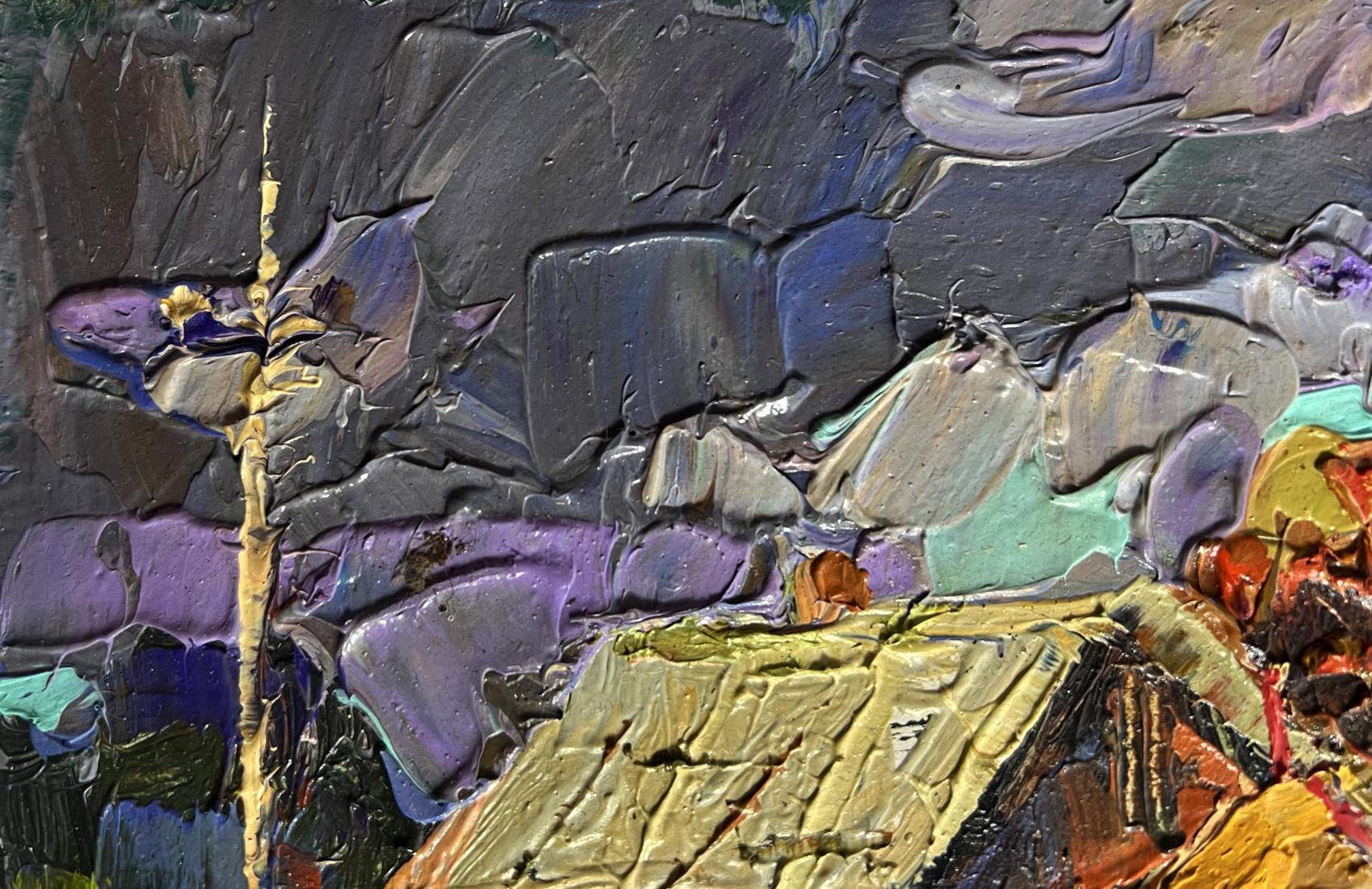 Oil painting In the Village After the Rain by Oksana Ivanyuk, impasto purples and grays