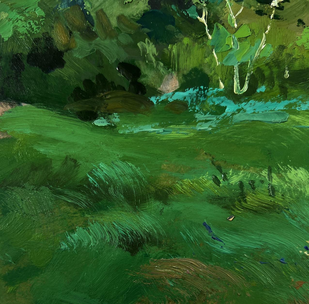 Vibrant green impressionist oil painting of forest house by Yuriy Suprunchuk