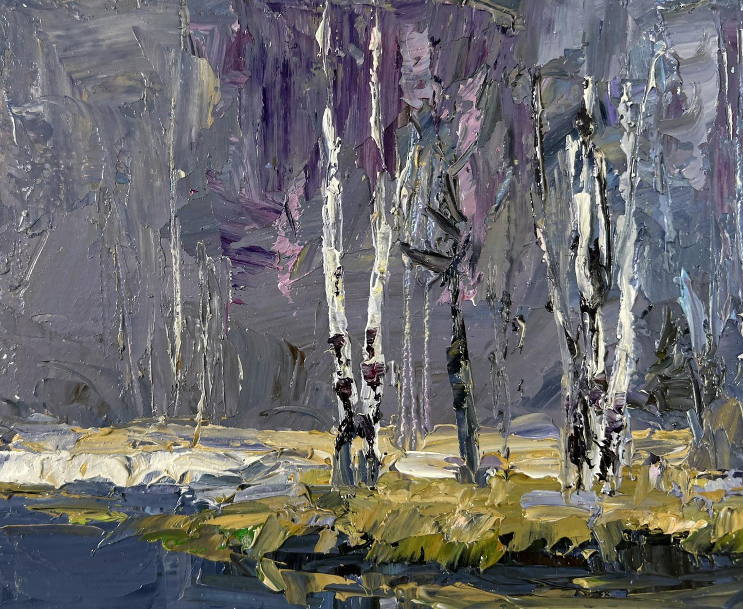 Oil painting Snow melts in March by Boris Serdyuk: birch trees in moody sky