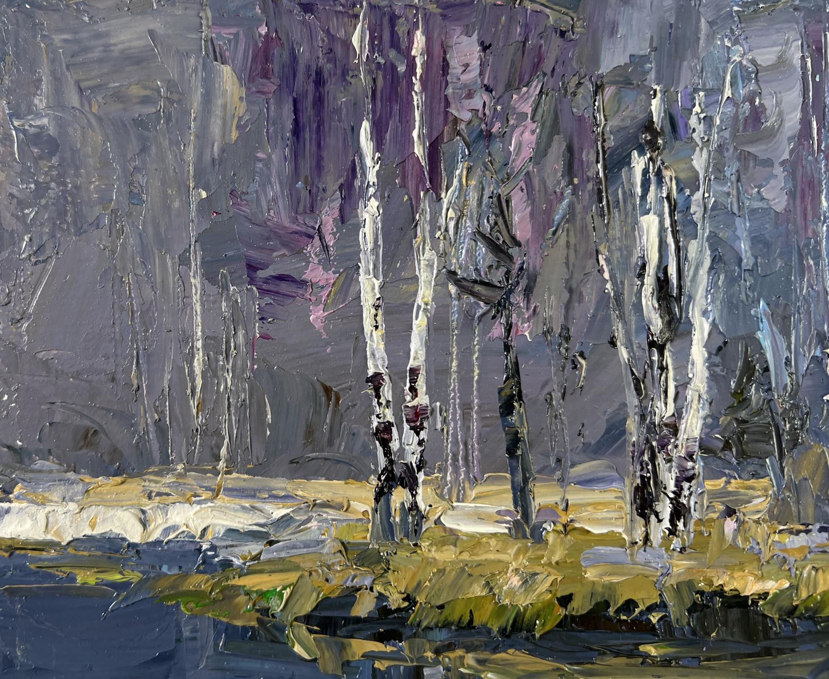 Oil painting Snow melts in March by Boris Serdyuk: birch trees in moody sky