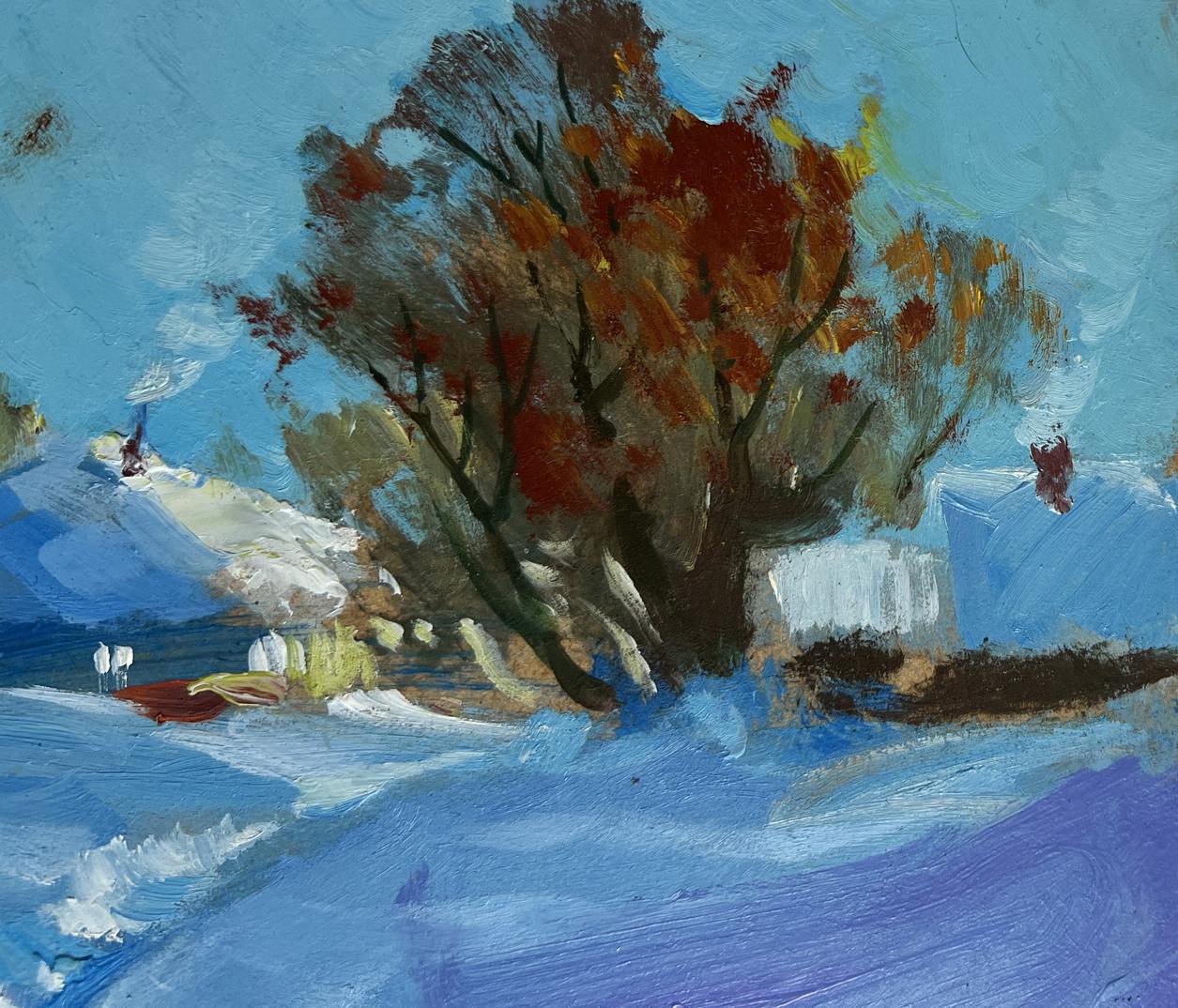 Oil painting Path through the snow by Yuriy Suprunchuk: vibrant autumn tree in snowy landscape