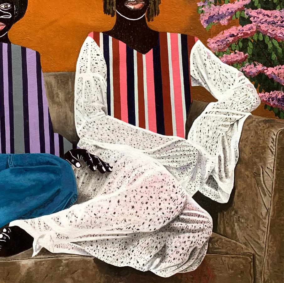 Acrylic painting of woman in polka dot lace dress and gloves by Akintomide Akinshola